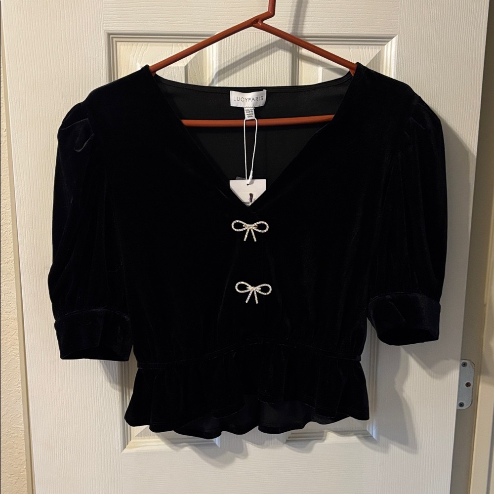 Black Cropped Velvet Women's Blouse with Bow Accents